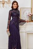 Robe noire à manches longues perlée en dentelle en forme de mère de la mariée