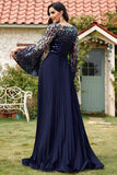 Robe marine à paillettes en V à col long plissé en mère de la mariée