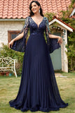 Robe marine à paillettes en V à col long plissé en mère de la mariée