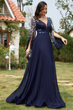Robe marine à paillettes en V à col long plissé en mère de la mariée