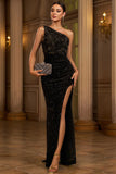 Robe de soirée noire longue à sequins sur une épaule avec fente