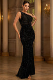 Robe de soirée noire longue à sequins sur une épaule avec fente