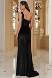 Robe de soirée noire à paillettes à une épaule avec fente
