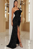 Robe de soirée noire à paillettes à une épaule avec fente