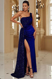 Robe de soirée noire à paillettes à une épaule avec fente