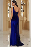 Robe de soirée noire à paillettes à une épaule avec fente