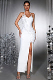 Robe de cérémonie longue en sirène blanche à dos nus avec fleurs 3D