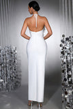 Robe de cérémonie longue en sirène blanche à dos nus avec fleurs 3D