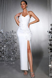 Robe de cérémonie longue en sirène blanche à dos nus avec fleurs 3D