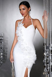 Robe de cérémonie longue en sirène blanche à dos nus avec fleurs 3D