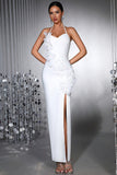 Robe de cérémonie longue en sirène blanche à dos nus avec fleurs 3D