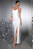 Robe de cérémonie longue en sirène blanche à dos nus avec fleurs 3D