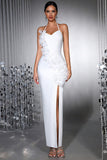 Robe de cérémonie longue en sirène blanche à dos nus avec fleurs 3D
