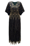 Robe longue des années 1920 à col en V avec perles noires dorées et paillettes
