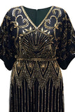 Robe longue des années 1920 à col en V avec perles noires dorées et paillettes
