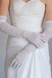 Longs gants de mariage de mariée perlés en dentelle blanche avec des perles