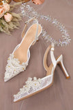 Chaussures de mariage en dentelle ivoire perlées à talons aiguilles pointues avec des perles