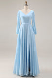 Robe de mariage longue robe de mariage en chiffon bleu ciel, ligne en V et encolure longue avec fente