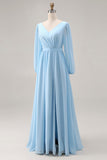 Robe d’invité de mariage bleu ciel à manches longues à manches froncées et fente
