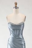 Corset sans bretelles gris-bleu, corset bretelé à perles, longue robe de bal avec fente