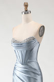 Corset sans bretelles gris-bleu, corset bretelé à perles, longue robe de bal avec fente