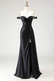 Robe de bal longue sirène noire à sequins dénudés avec fente