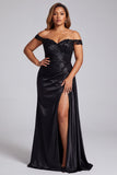 Robe de soirée longue noire grande taille, coupe sirène, à épaules dénudées, appliqués à paillettes, froncée, en satin et avec fente