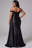 Robe de soirée longue noire grande taille, coupe sirène, à épaules dénudées, appliqués à paillettes, froncée, en satin et avec fente