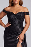 Robe de soirée longue noire grande taille, coupe sirène, à épaules dénudées, appliqués à paillettes, froncée, en satin et avec fente