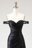 Robe de bal longue sirène noire à sequins dénudés avec fente