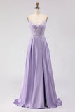 Robe de bal longue de bal sans dos en satin ligne A violette avec fente