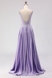 Robe de bal longue de bal sans dos en satin ligne A violette avec fente