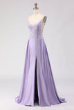 Robe de bal longue de bal sans dos en satin ligne A violette avec fente