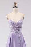 Robe de bal longue de bal sans dos en satin ligne A violette avec fente