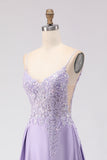 Robe de bal longue de bal sans dos en satin ligne A violette avec fente