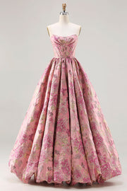 Robe de bal princesse longue en jacquard rose bustier sans bretelles brodée de fleurs et dos lacé