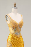 Corset à paillettes, sirène jaune scintillante, robe de bal longue avec fente