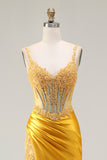 Corset à paillettes, sirène jaune scintillante, robe de bal longue avec fente