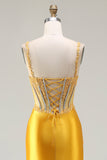 Corset à paillettes, sirène jaune scintillante, robe de bal longue avec fente