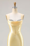 Corset de sirène jaune clair longue robe de bal perlée avec dentelle dans le dos