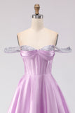 Corset long de bal de promo en corset long violet violet clair à perles