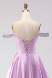 Corset long de bal de promo en corset long violet violet clair à perles