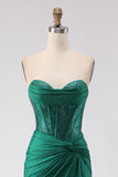 Corset de bal long corset perlé en forme de sirène vert foncé à paillettes, fente