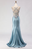 Corset sirène gris-bleu en dentelle perlée dans le dos, longue robe de bal avec fente