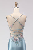 Corset sirène gris-bleu en dentelle perlée dans le dos, longue robe de bal avec fente