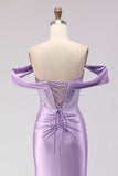 Corset sirène violette à épaules dénudées, longue robe de bal perlée et fendue
