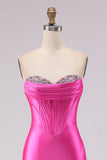 Sweetheart Fuchsia Sirène Corset longue robe de bal perlée avec fente