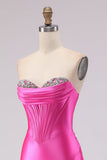 Sweetheart Fuchsia Sirène Corset longue robe de bal perlée avec fente