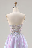 Corset A-Line violet sans bustiers, lacet dans le dos, longue robe de bal avec des appliques