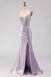 Corset sirène bustier perlée violet clair robe longue de bal avec fente